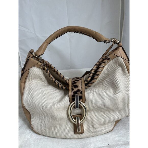 Diane Von Furstenberg Canvas/Leather Leopard Accent Hobo Bag Tan & White - Picture 2 of 16